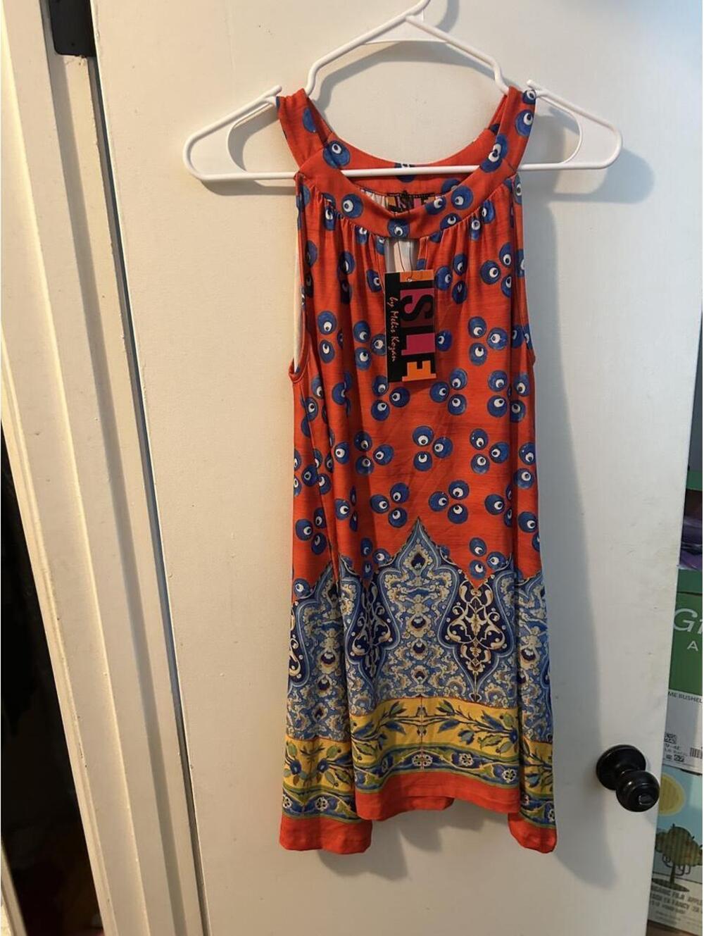 NWT ISLE orange mini dress with blue and yellow paisley and floral print size S